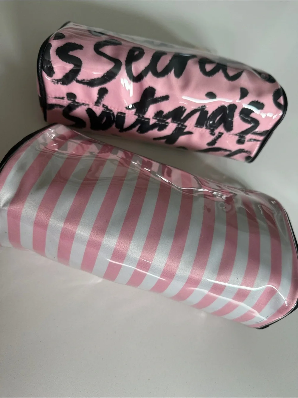 NWT Bundle of 2 Victoria's Secret Pink Striped & Script Cosmetic Pouches